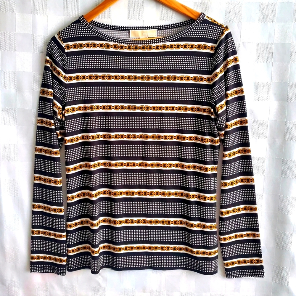MICHAEL by Michael Kors Liquid Knit Long Sleeve Top Chain Link Black & White